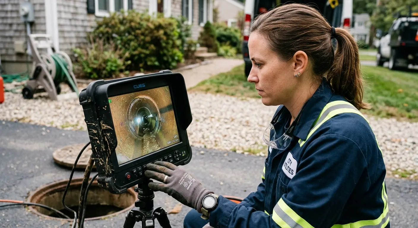 Technician reviewing sewer camera inspection footage in Watauga