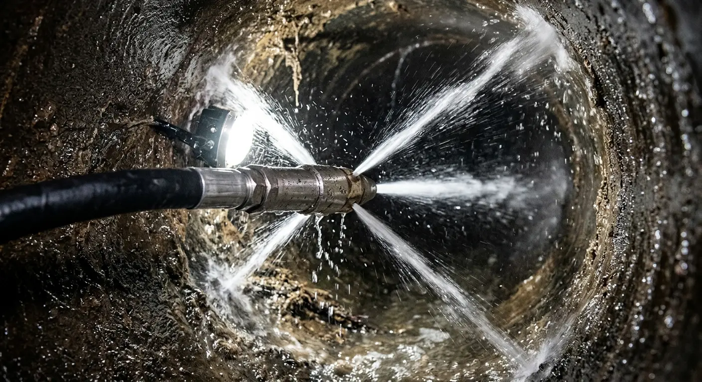 High-pressure hydro jetting nozzle cleaning sewer pipe for Sewer Cleanout in Watauga