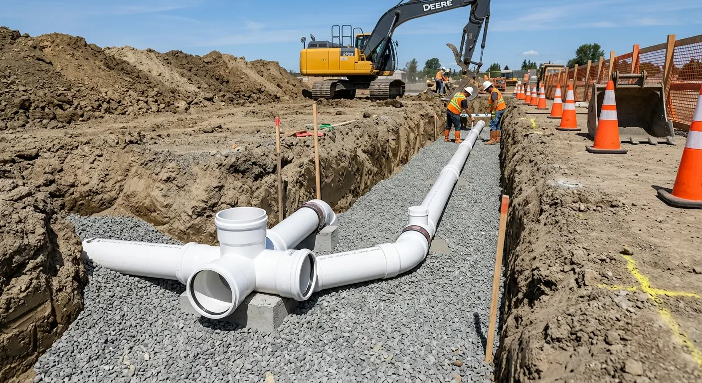 New PVC sewer pipe installation in open trench for Sewer Backup in Watauga