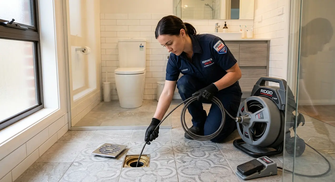 Technician clearing a bathroom floor drain for Drain Cleaning in Watauga
